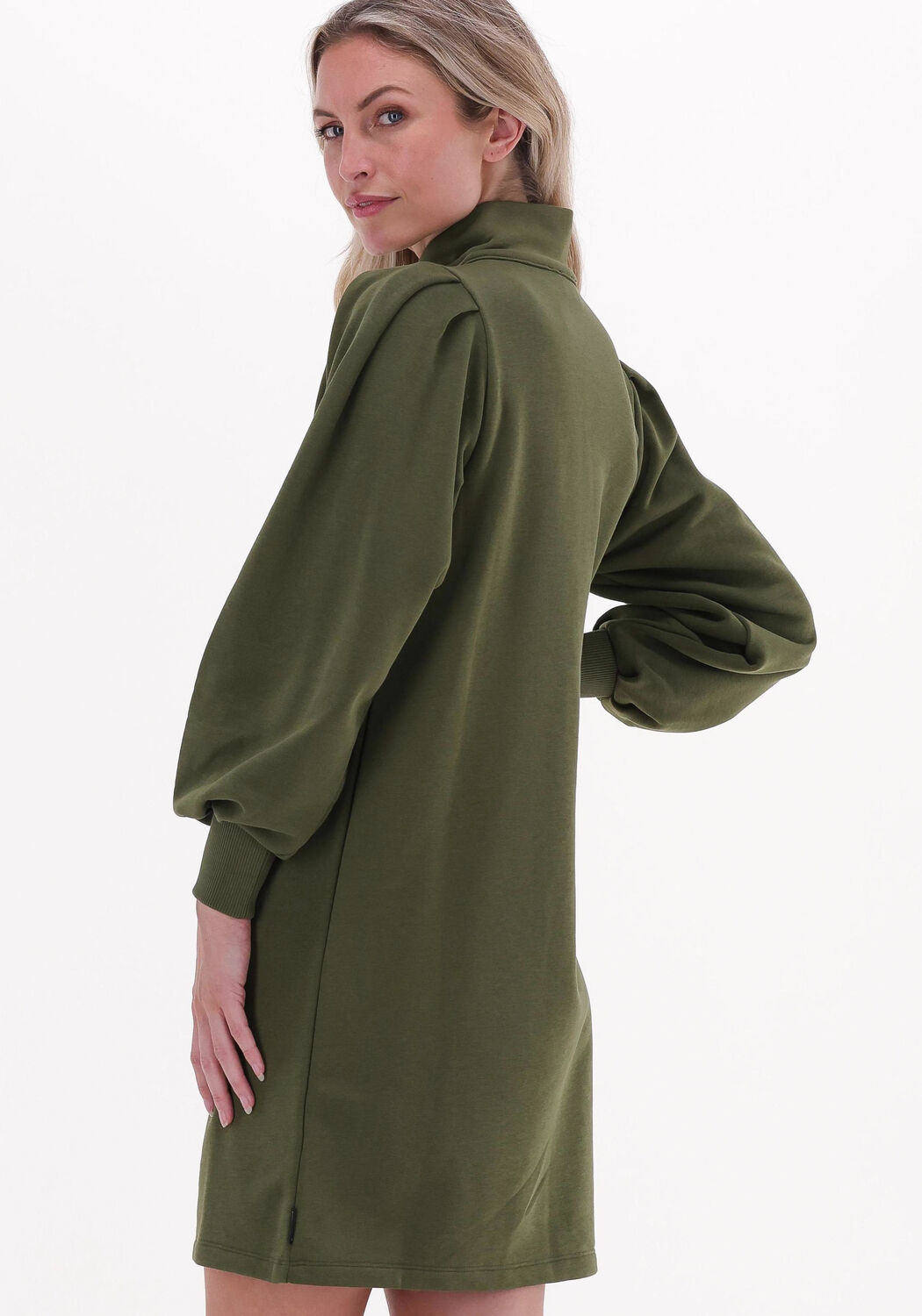 groene scotch soda mini jurk zipped neck sweat dress with puffed sleeves
