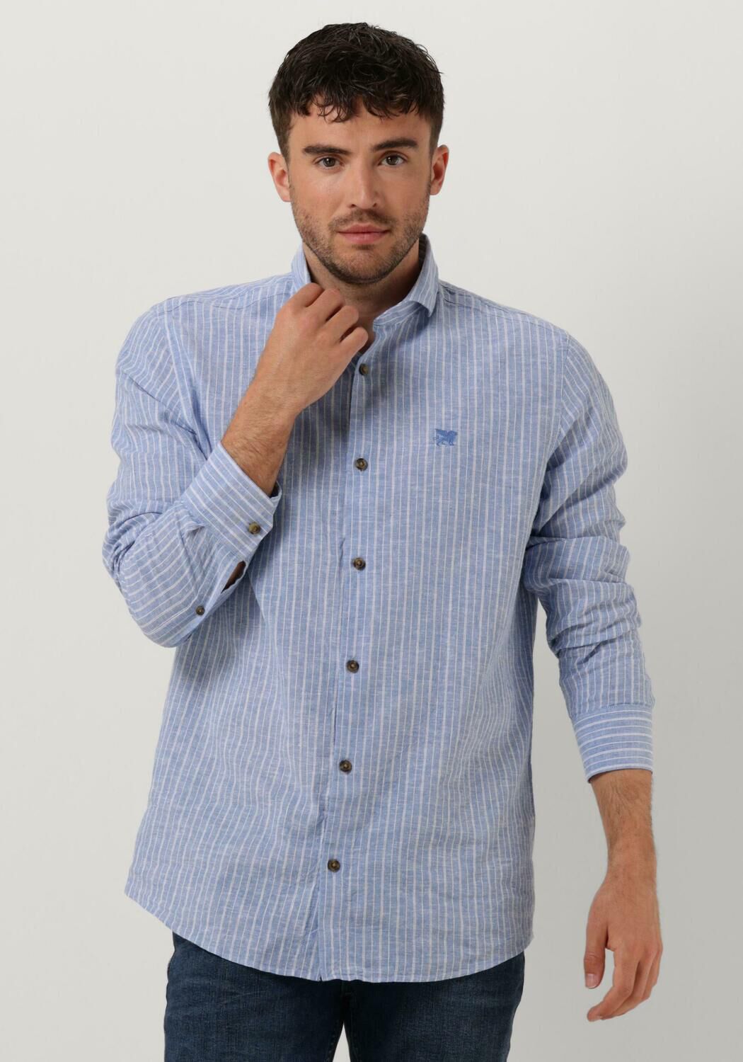 lichtblauwe vanguard casual overhemd long sleeve shirt linen cotton blend stripe