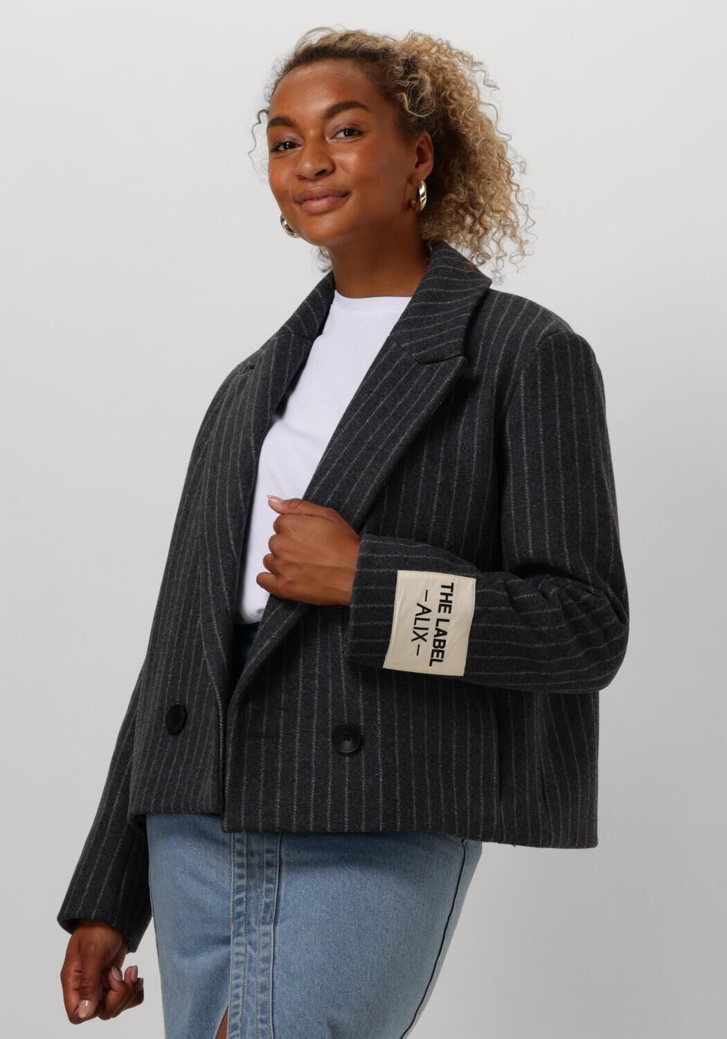 Donkergrijze ALIX THE LABEL Mantel LADIES WOVEN PINSTRIPE CROPPED