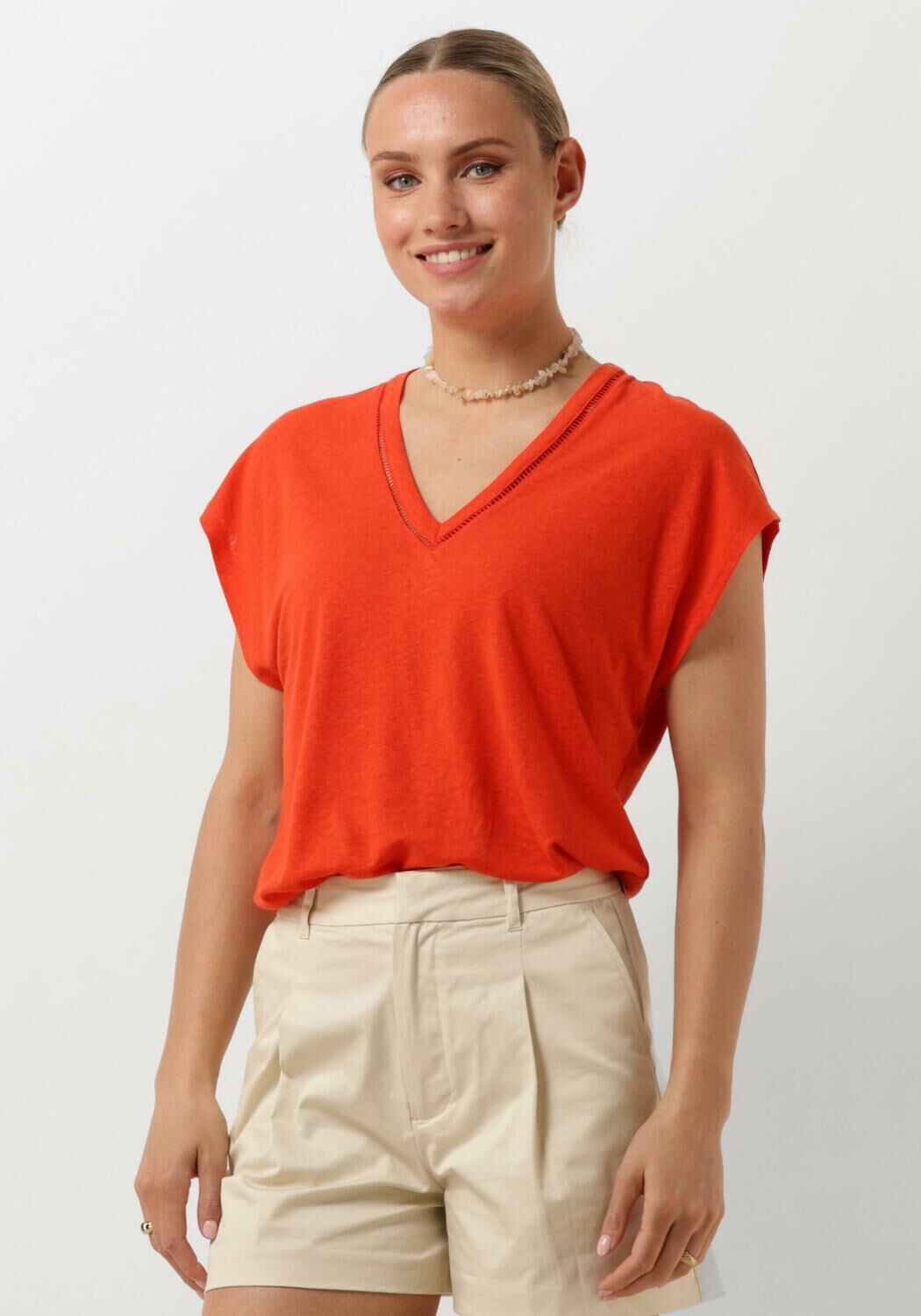 SCOTCH & SODA Dames Tops & T-shirts V-neck Ladder Detail Loose Fit T-shirt Oranje