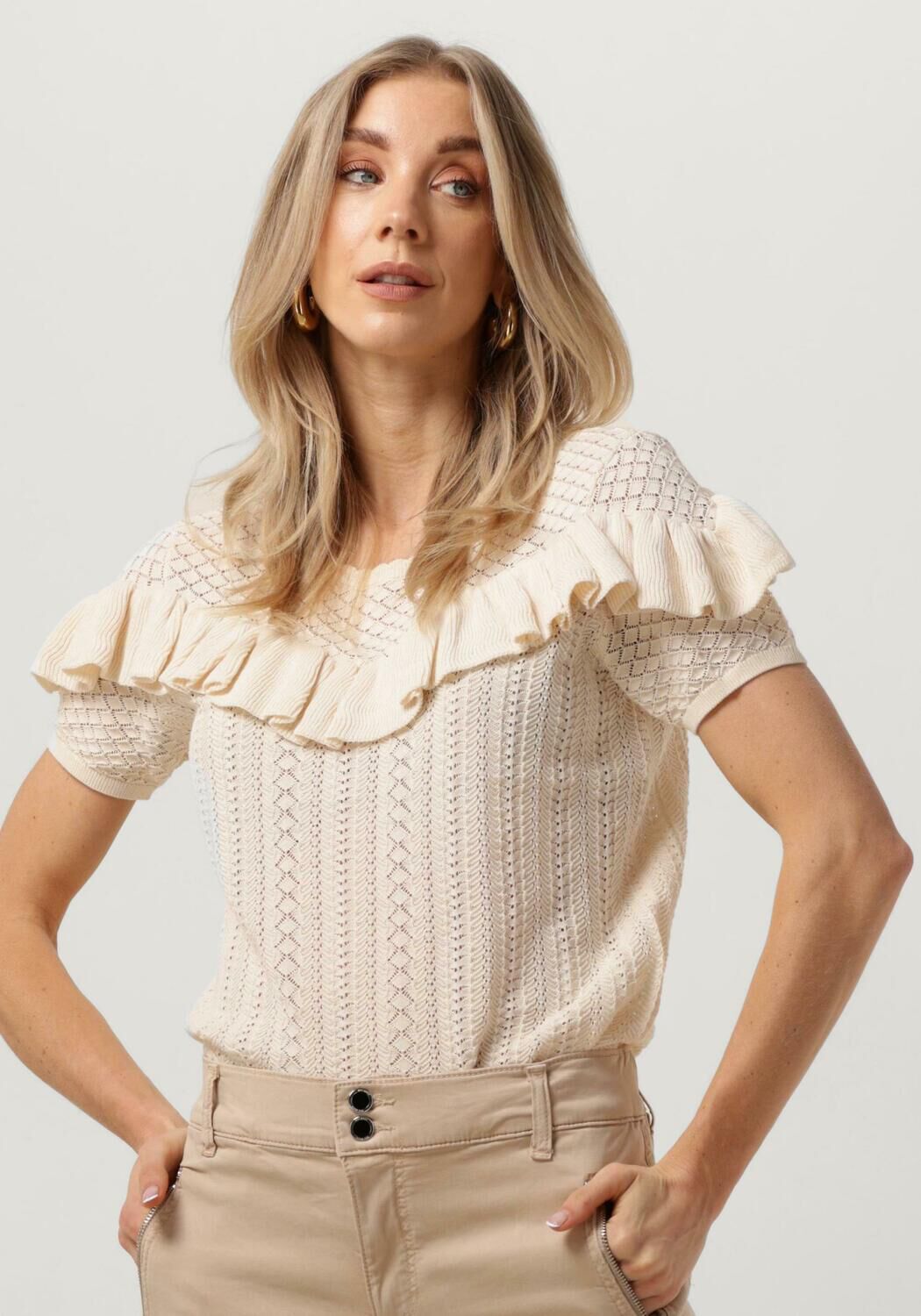 MOS MOSH Gebreide Top met Ruches Beige Dames Kledingwinkel