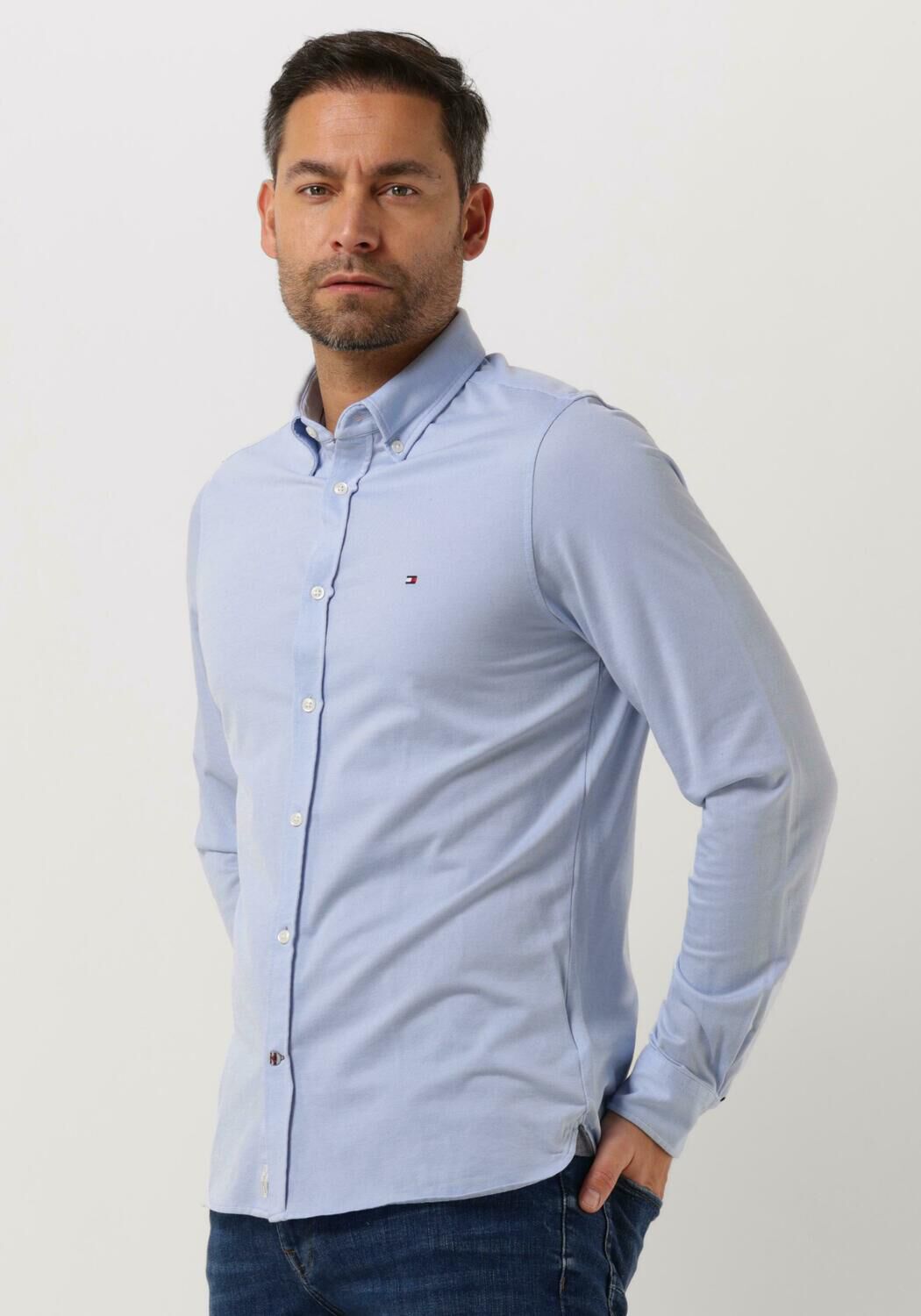 blauwe tommy hilfiger klassiek overhemd 1985 knit solid sf shirt