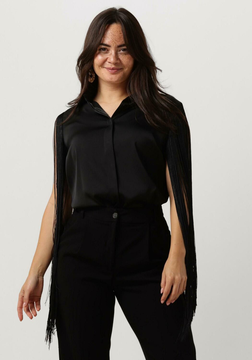ACCESS Dames Blouses Shirt With Fringed Sleeves Zwart