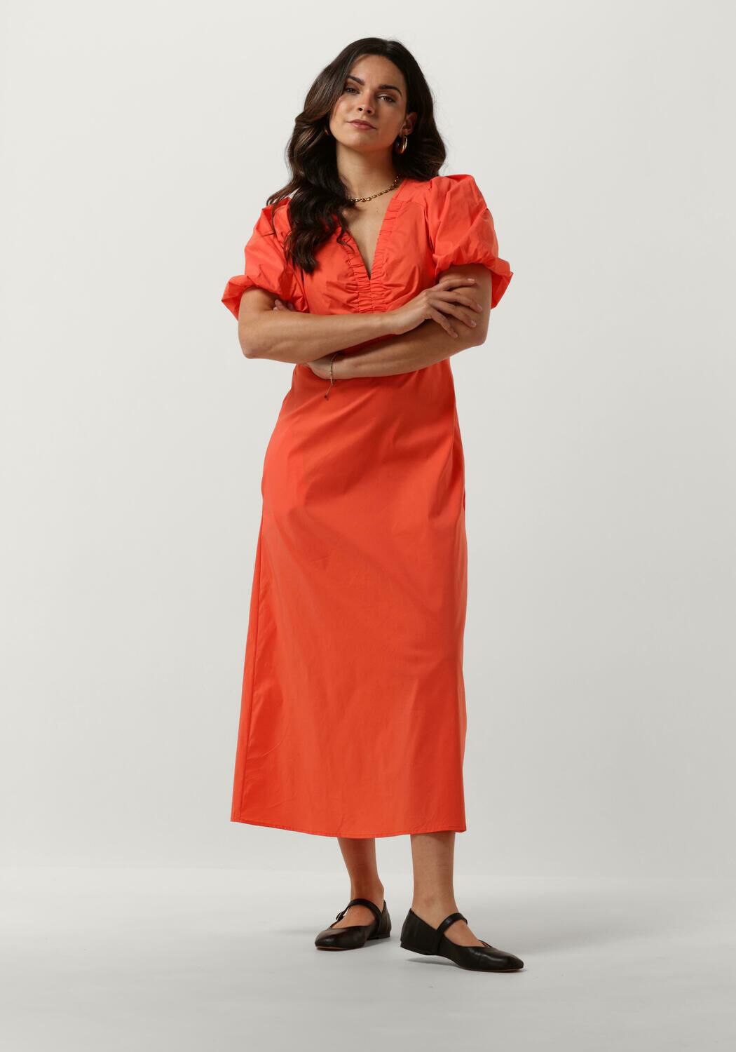 NEO NOIR Koraal Poplin Jurk met Gedrapeerd Detail Orange Dames