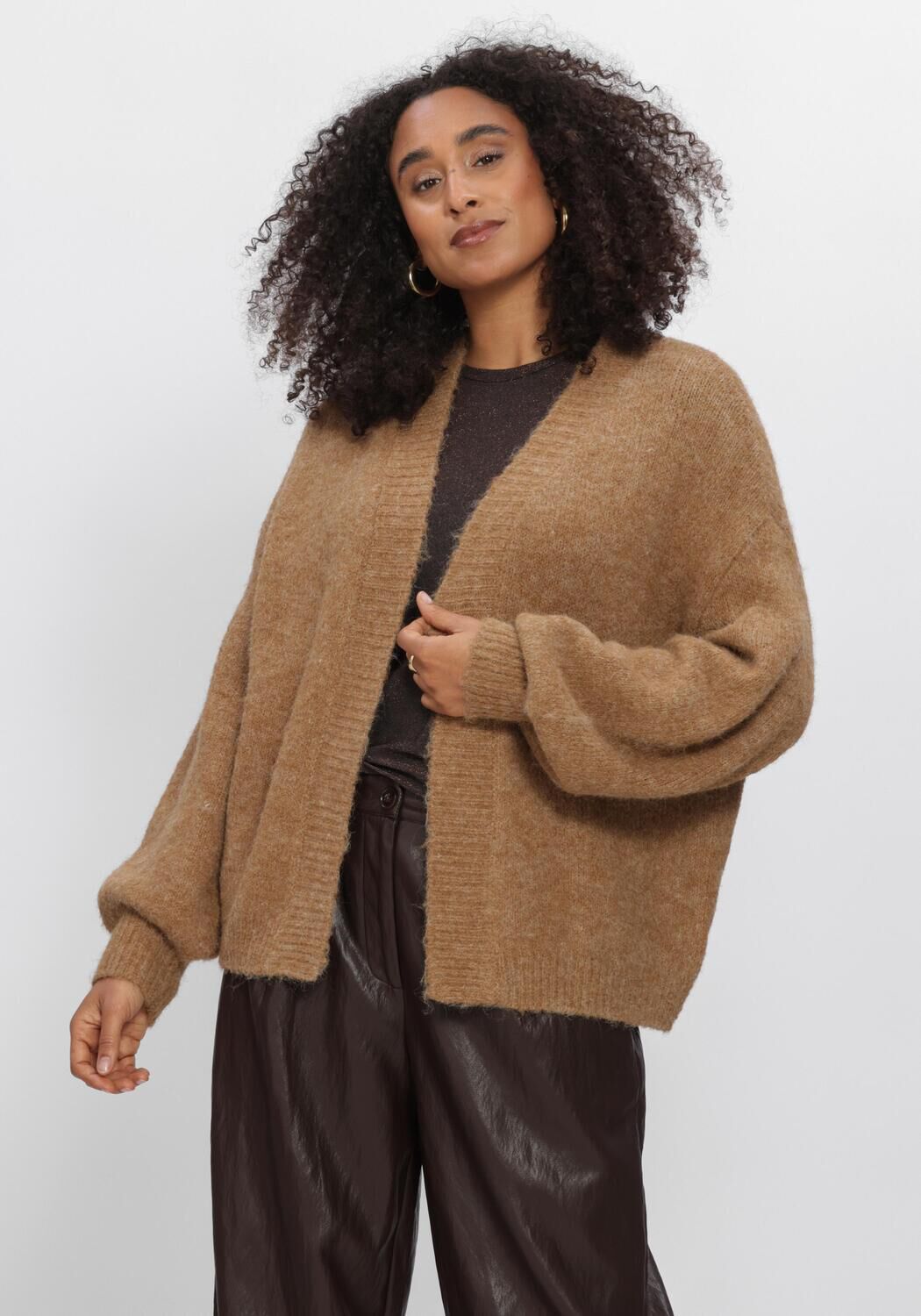 Camel SUMMUM Jack PUFF SLEEVE CARDIGAN COZY MELANGE KNIT - large