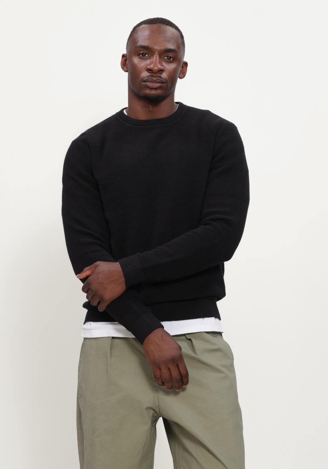 Zwarte SELECTED MEN Trui SLHROSS LS KNIT STRUCTURE CREW NECK NOOS - large