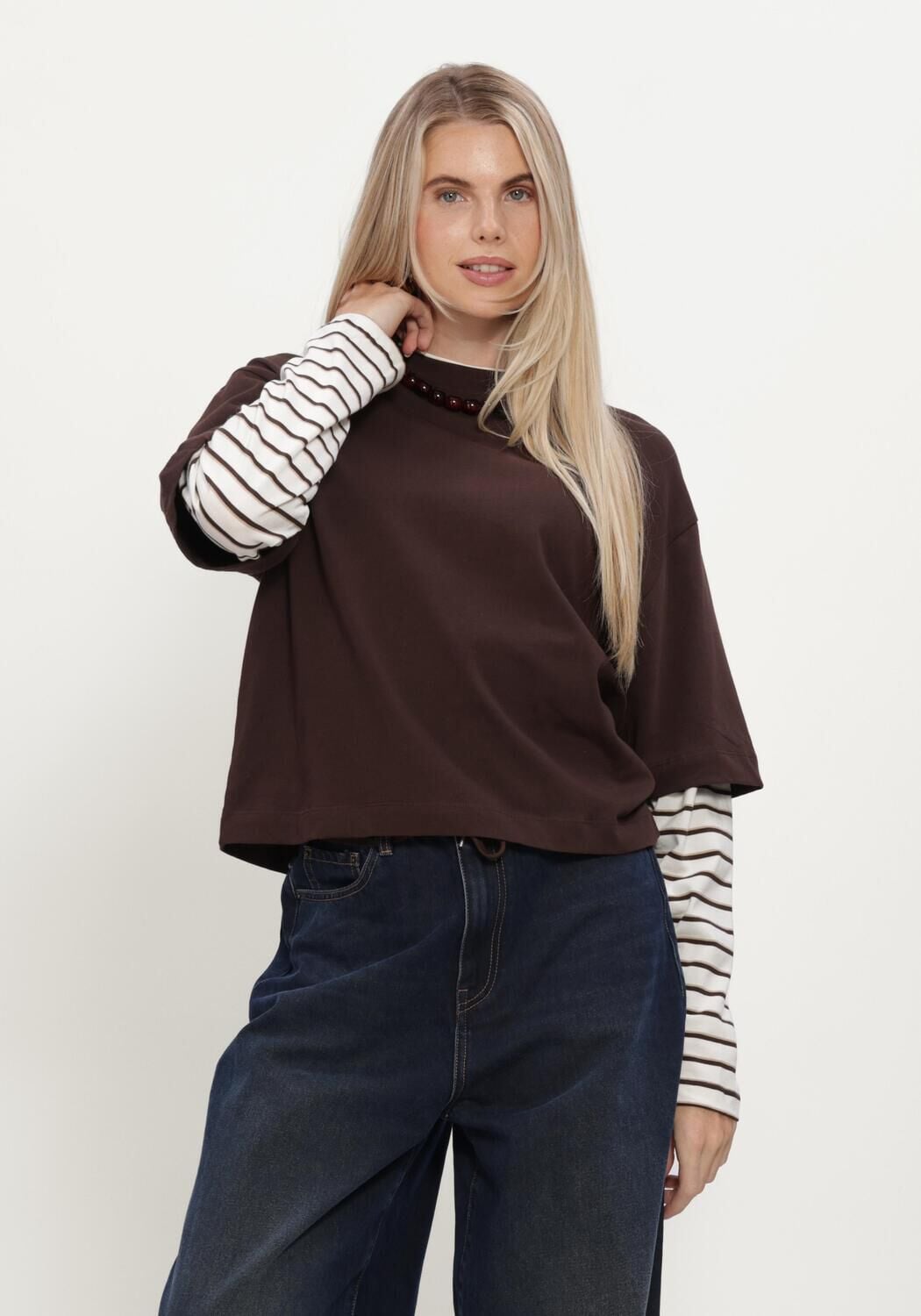 Bruine CATWALK JUNKIE Sweater LOOSE FIT TSHIRT WITH STRIPED SLEEVES - large