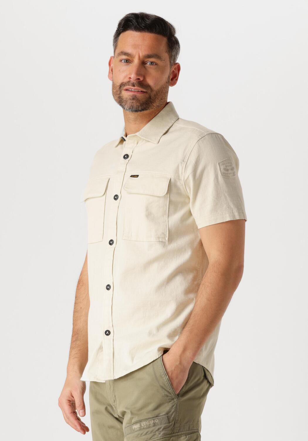PME LEGEND Heren Overhemden Short Sleeve Shirt Slub Cotton Beige