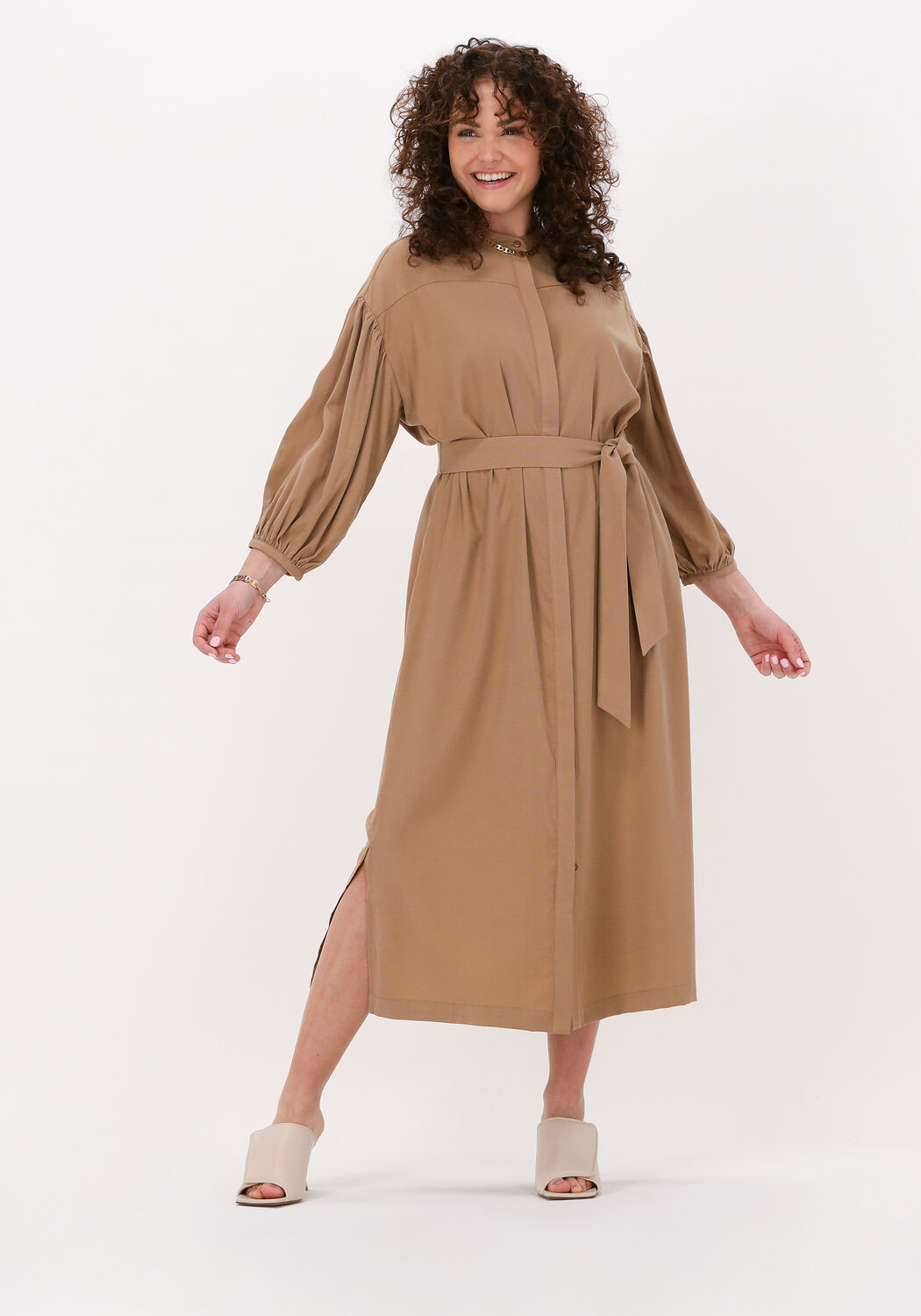 beige simple midi jurk woven dress nia struc