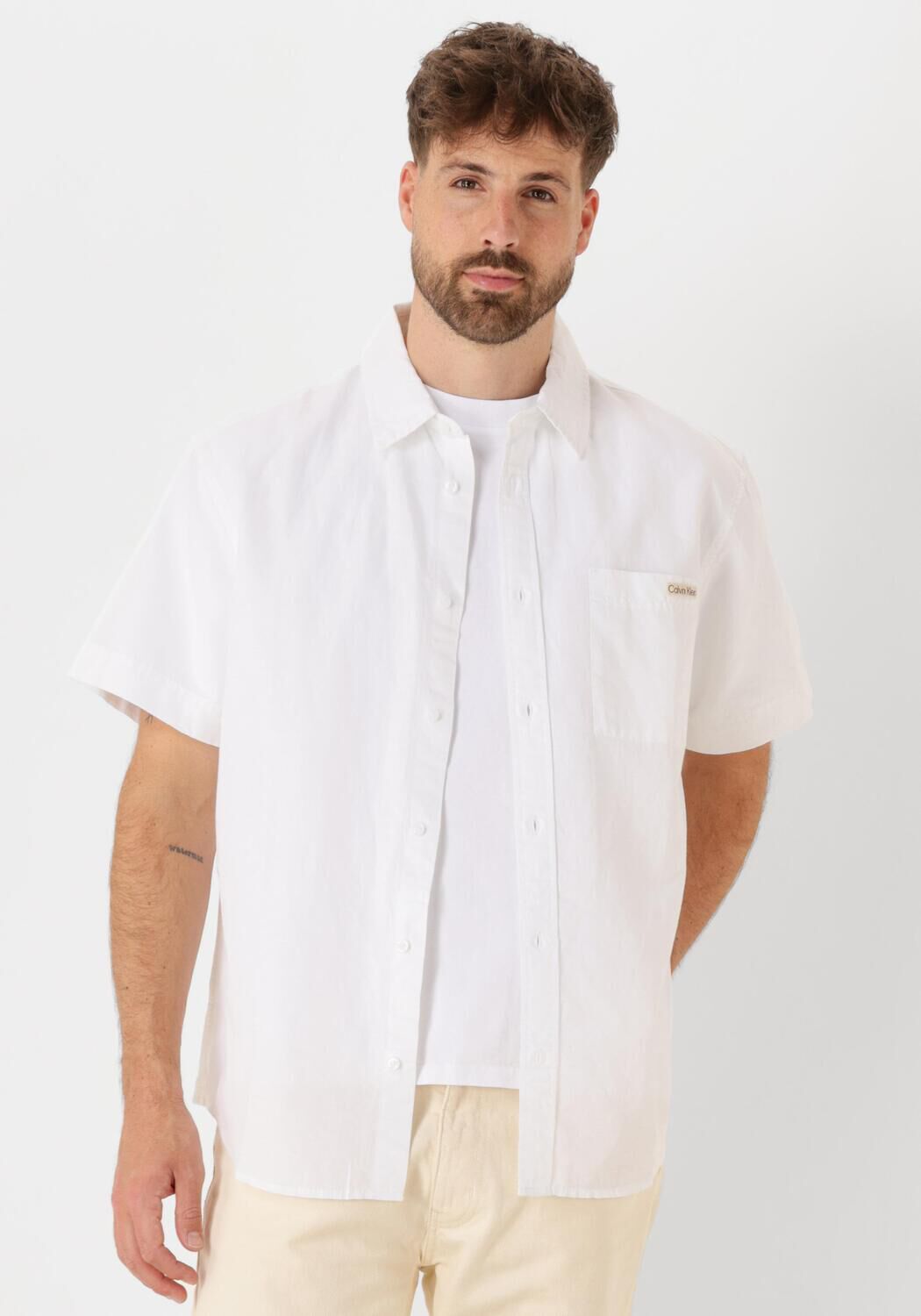 CALVIN KLEIN Heren Overhemden Linen Cotton S s Shirt Wit