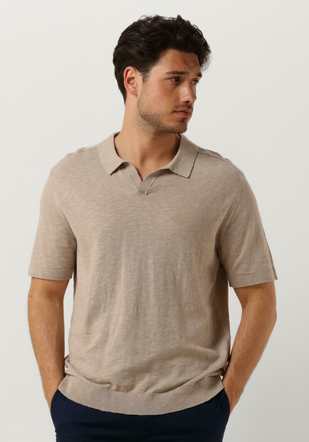 SELECTED HOMME Heren Polo's & T-shirts Slhberg Linen Ss Knit Open Polo Beige