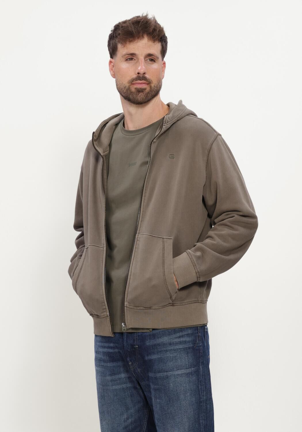 Taupe G-STAR RAW Sweater UNIT WASHED FULL ZIP HDD SW L\S - large