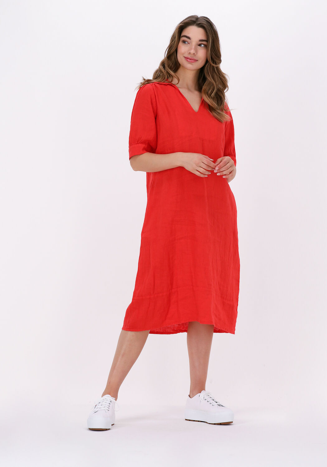 rode by bar midi jurk fleur linen dress