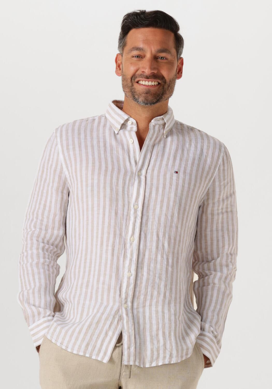 TOMMY HILFIGER Heren Overhemden Linen Essential Stripe Rf Shirt Ecru