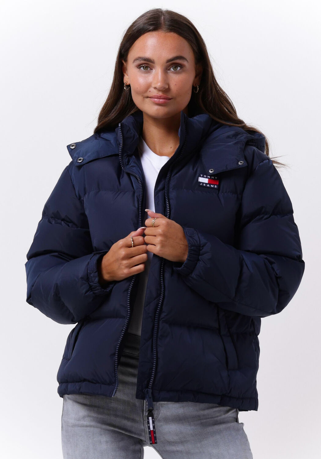 donkerblauwe tommy jeans gewatteerde jas outerwear short puff