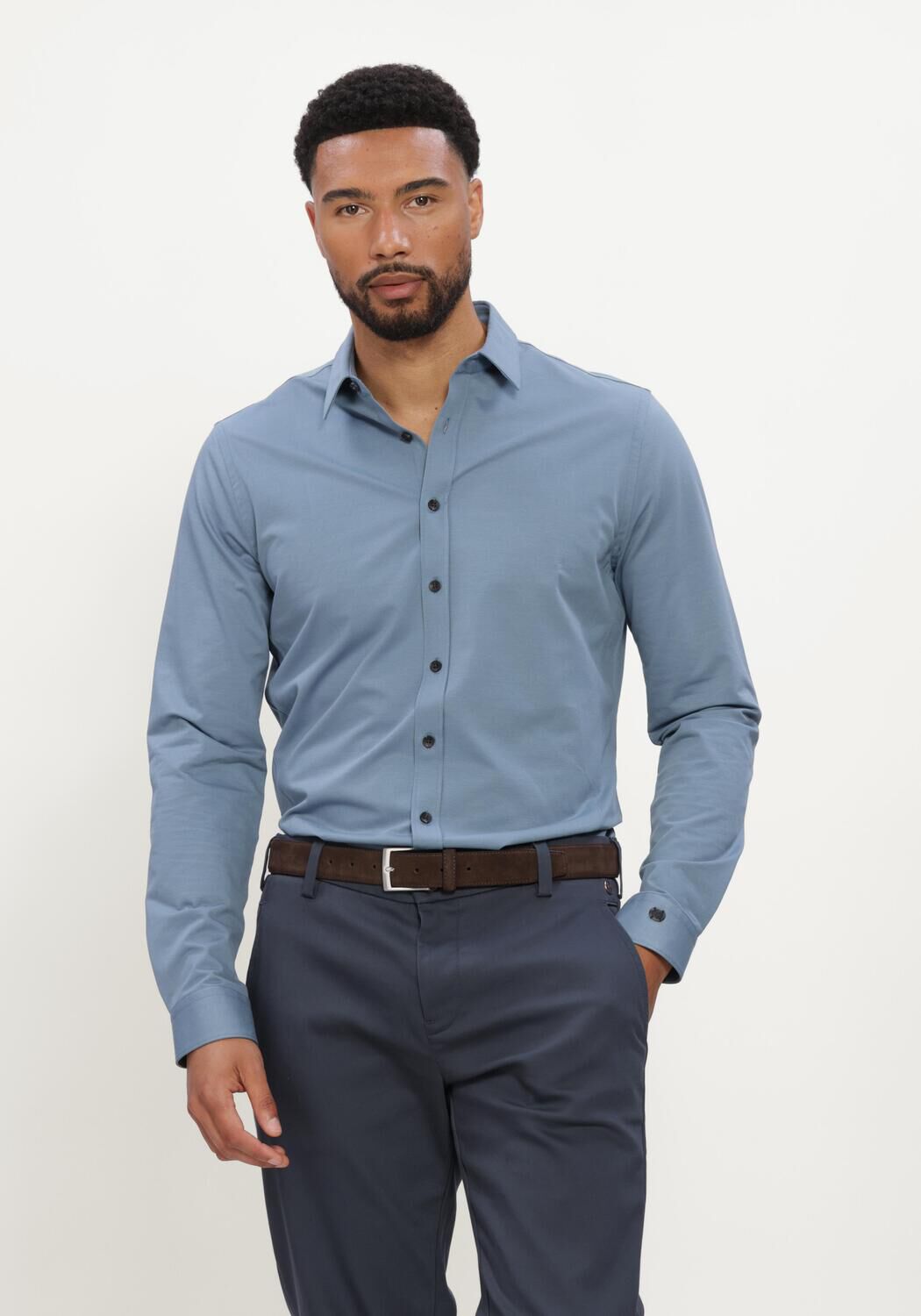 Blauwe CAST IRON Klassiek overhemd LONG SLEEVE SHIRT TWILL JERSEY - large