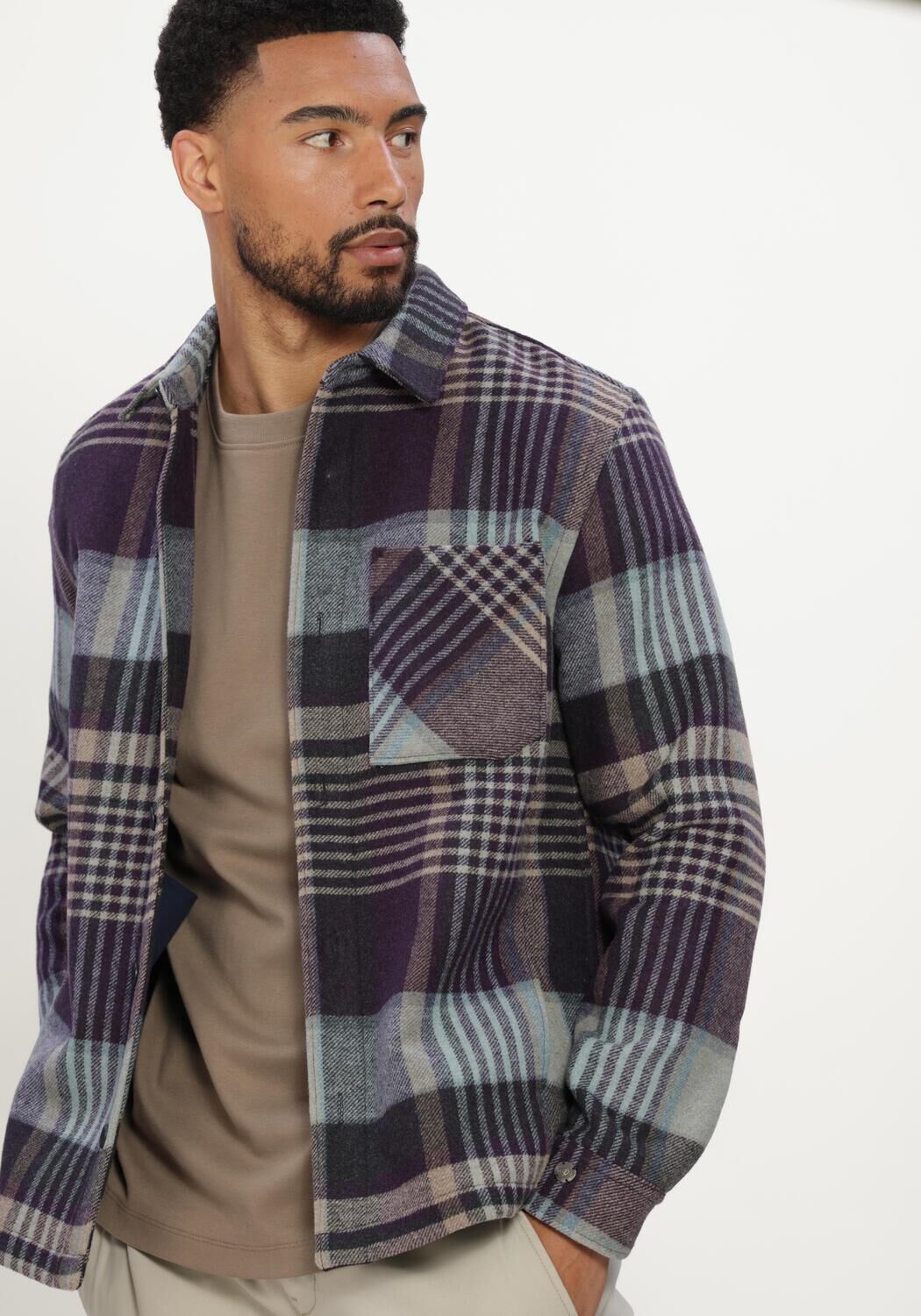 Multi CAST IRON Overshirt LONG SLEEVE SHIRT WOOL BLEND CHECK - large
