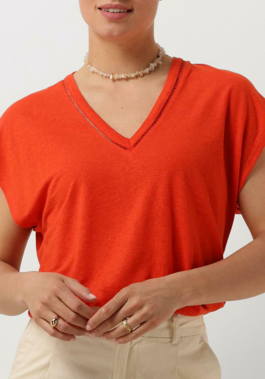 SCOTCH & SODA Dames Tops & T-shirts V-neck Ladder Detail Loose Fit T-shirt Oranje