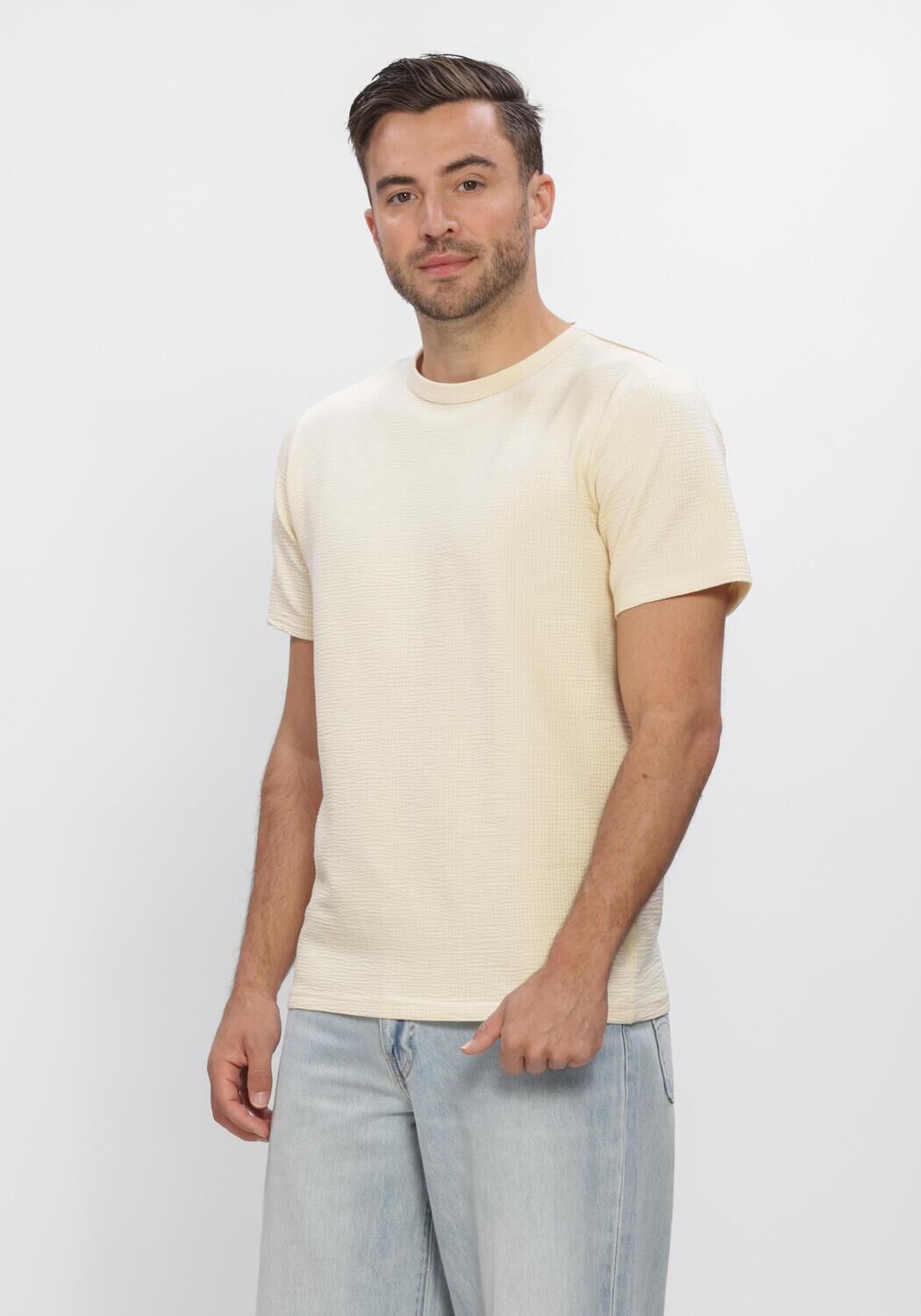 Beige SELECTED MEN Polo / T-shirt SLHSANDER SEERSUCKER SS O-NECK  TEE - large