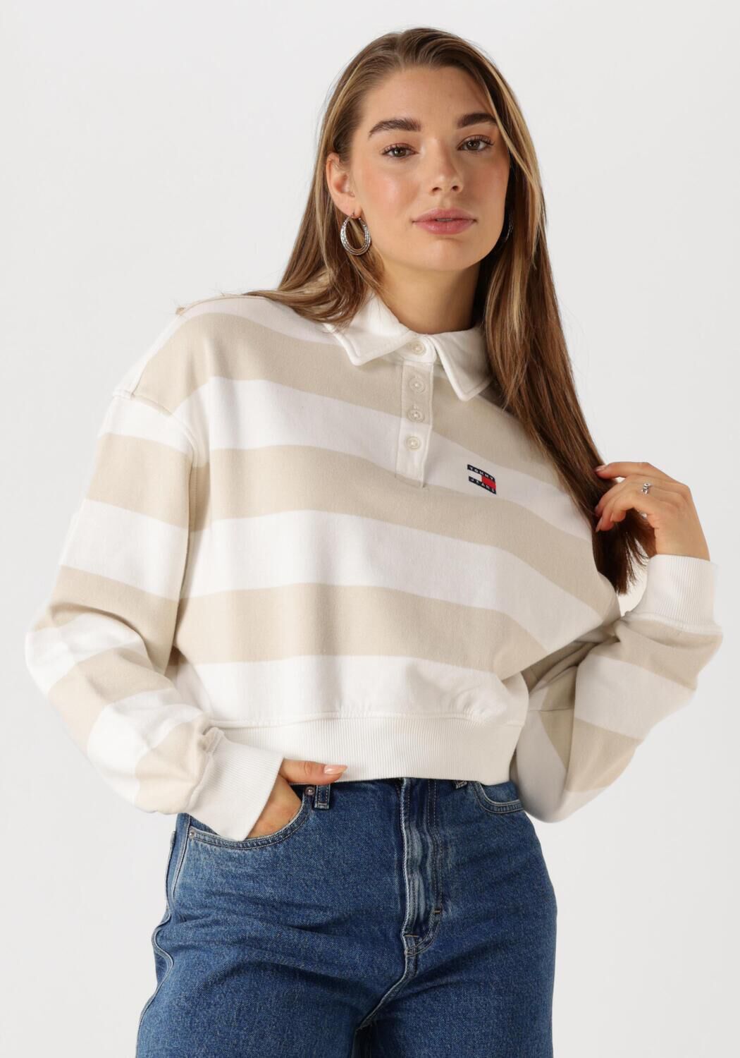 Tommy Jeans Beige Gestreept Polo Shirt met Lange Mouwen Beige Dames