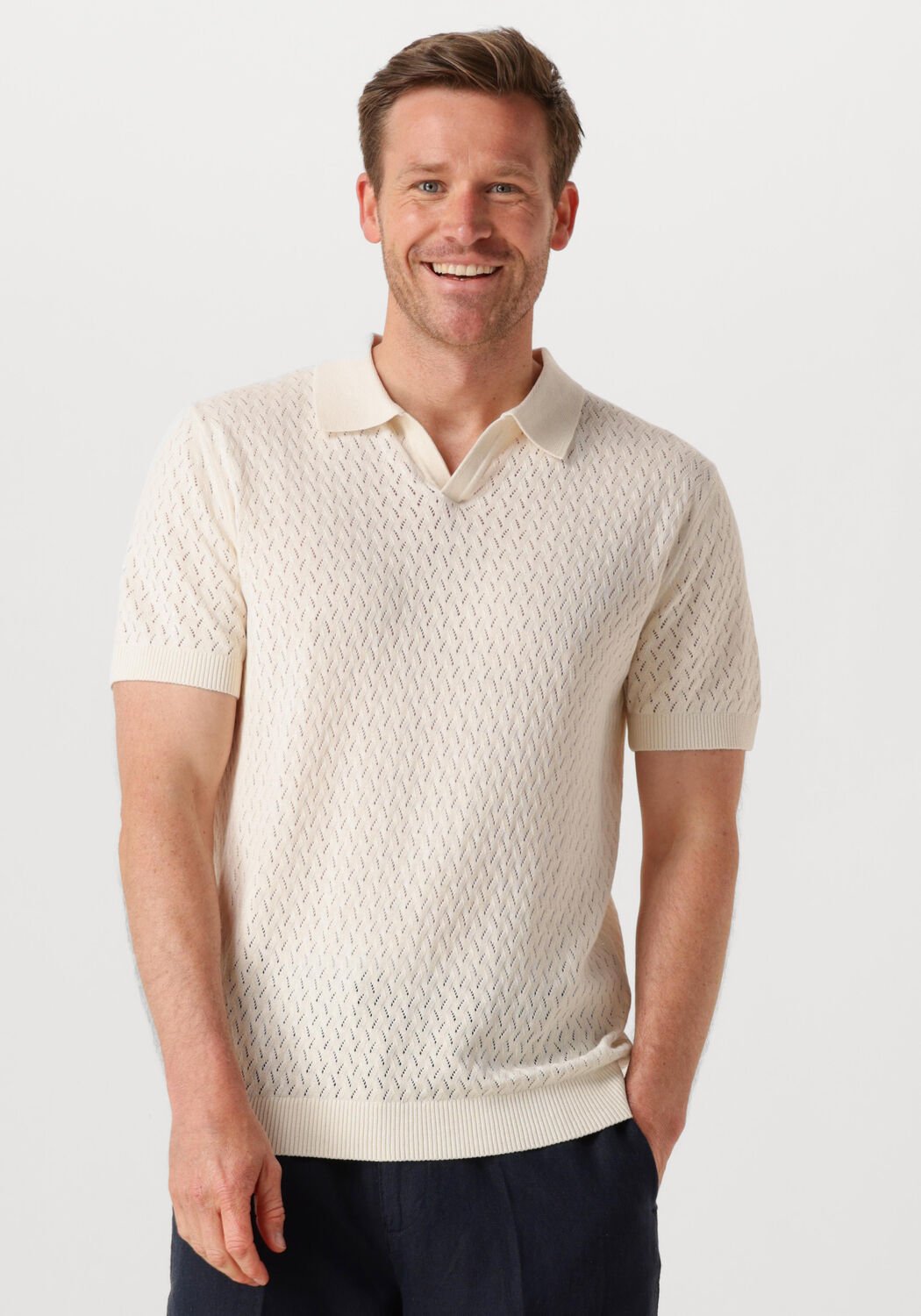SELECTED HOMME Heren Polo's & T-shirts Shlino Ss Knit Crochet Open Polo Ecru