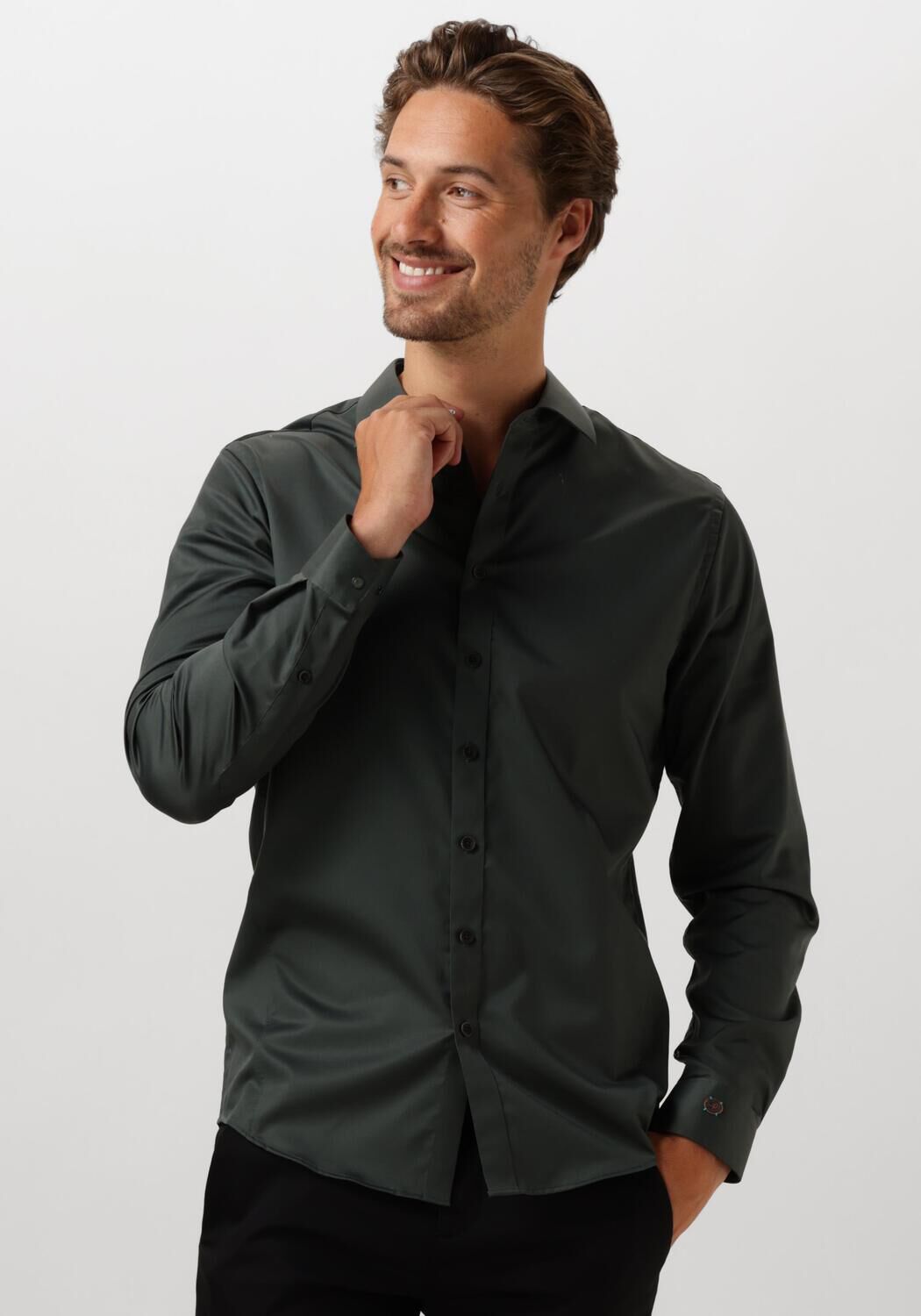CAST IRON Heren Overhemden Long Sleeve Shirt Ctn Comfort Sateen Groen