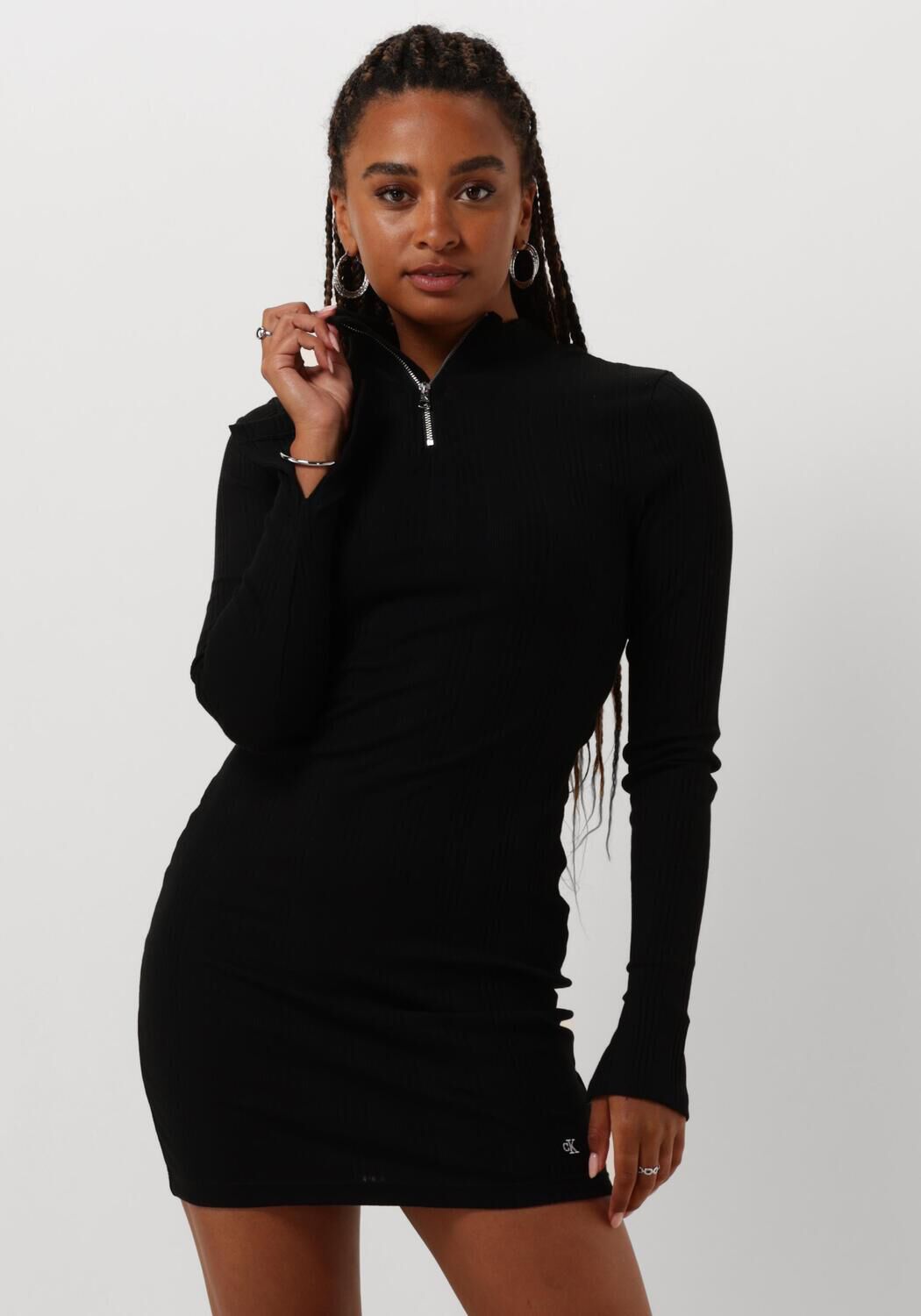 zwarte calvin klein mini jurk variegtaed rib half zip ls dress