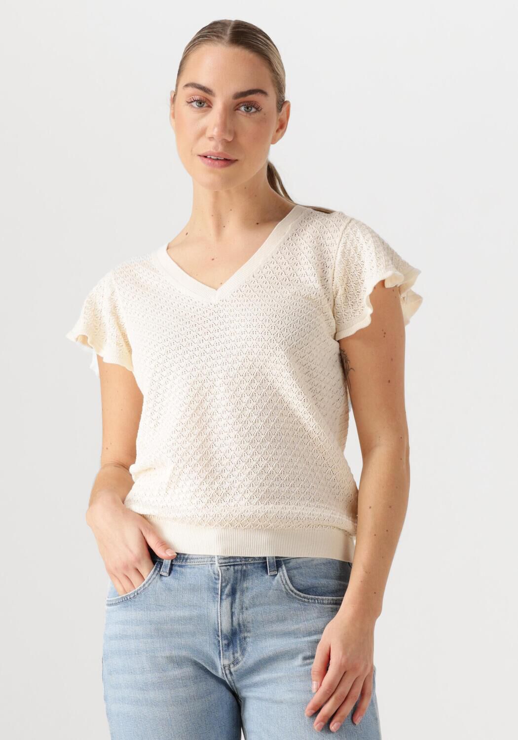 MOS MOSH Dames Tops & T-shirts Mmganna Pattern V-neck Knit Ecru