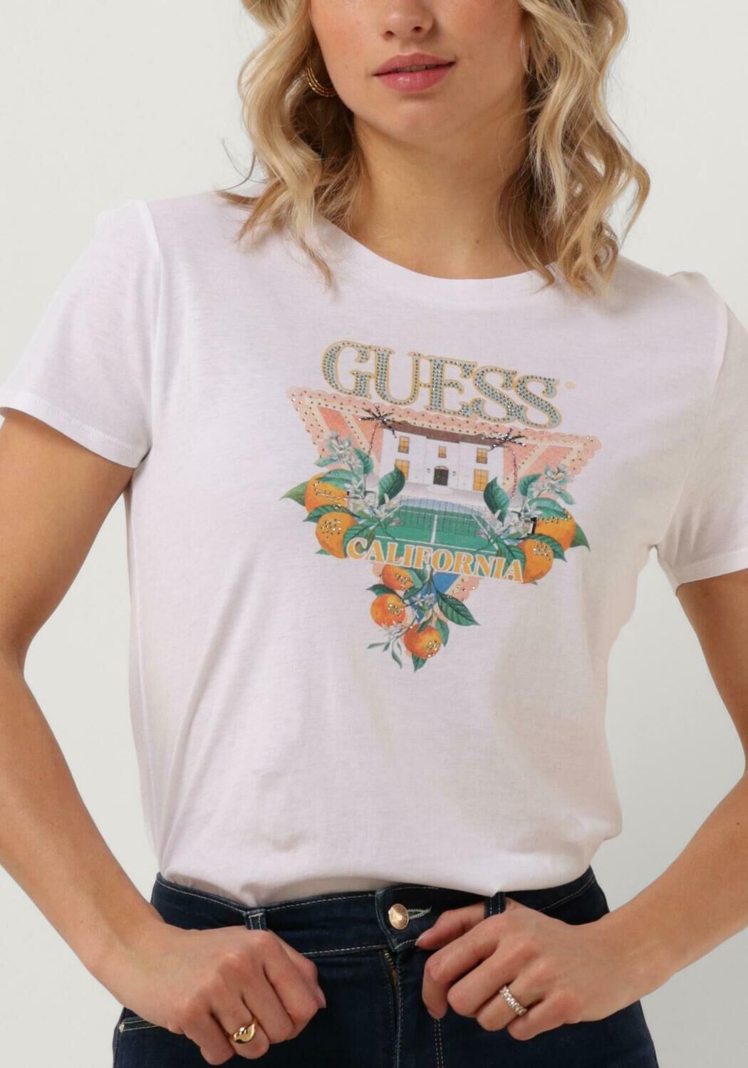 GUESS Dames Tops & T-shirts Ss Mansion Logo Easy Tee Wit
