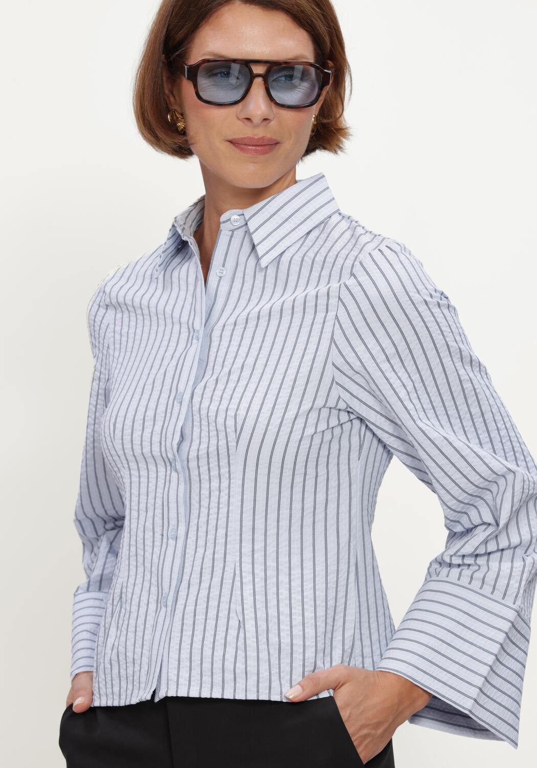 Lichtblauwe NEO NOIR Blouses ROSA STRIPED CREPE SHIRT - large