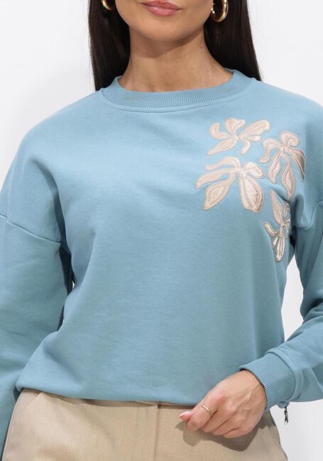 Lichtblauwe JANSEN AMSTERDAM Sweater MAIKA TRUI SW 165 SWEAT LONG SLEEVE SATIN FLOWERS EMBROIDERY - large