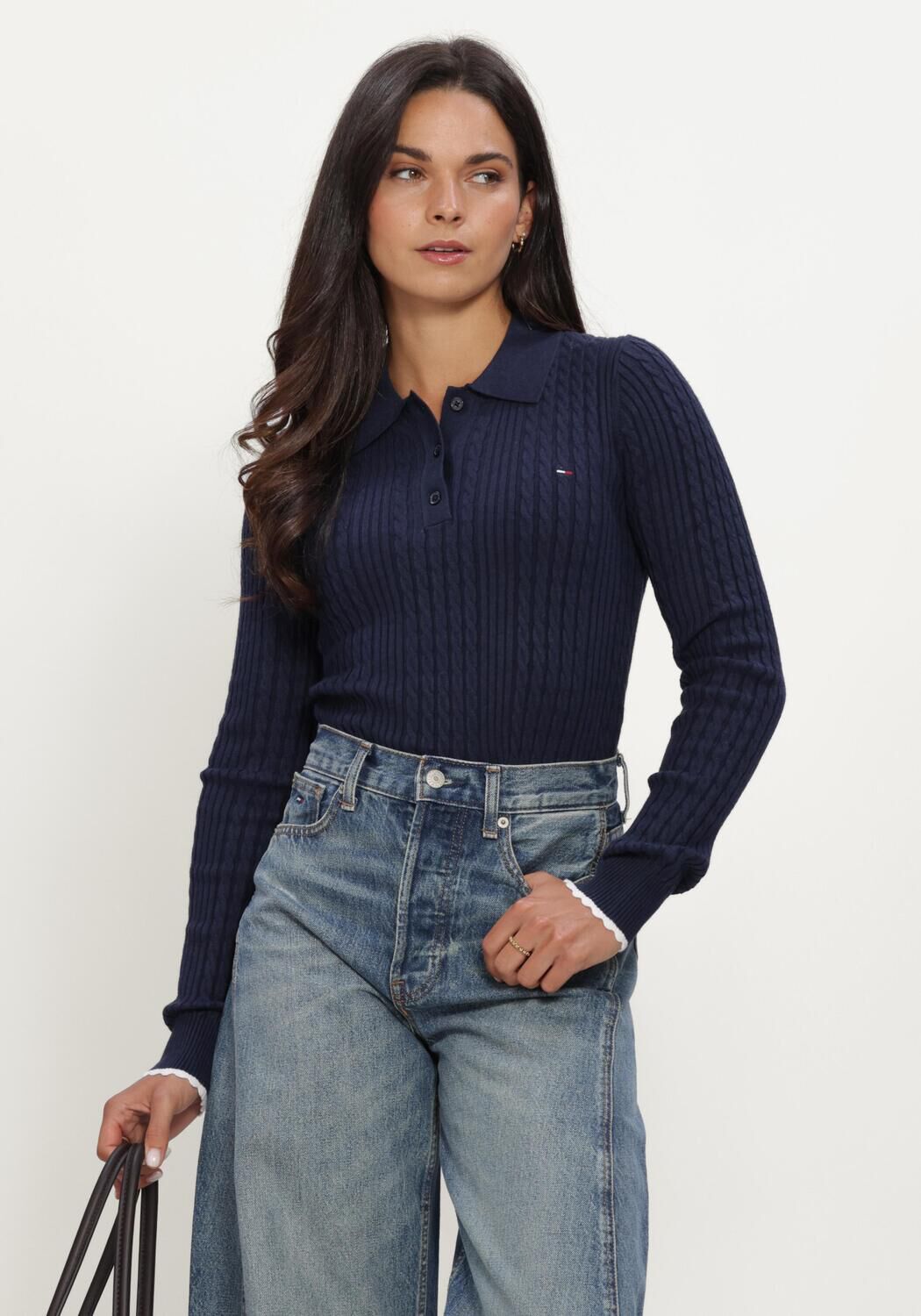 Donkerblauwe TOMMY JEANS Trui TJW MICRO CABLE POLO SWEATER EXT - large