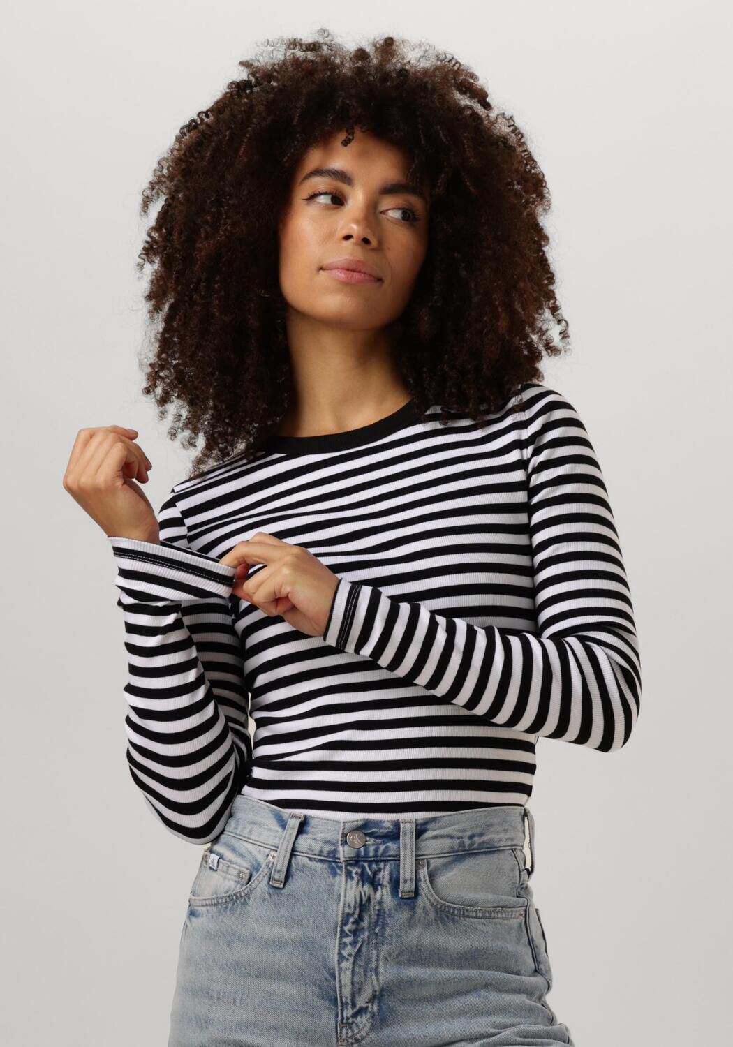 CALVIN KLEIN Dames Tops & T-shirts Woven Label Rib Long Sleeve Zwart