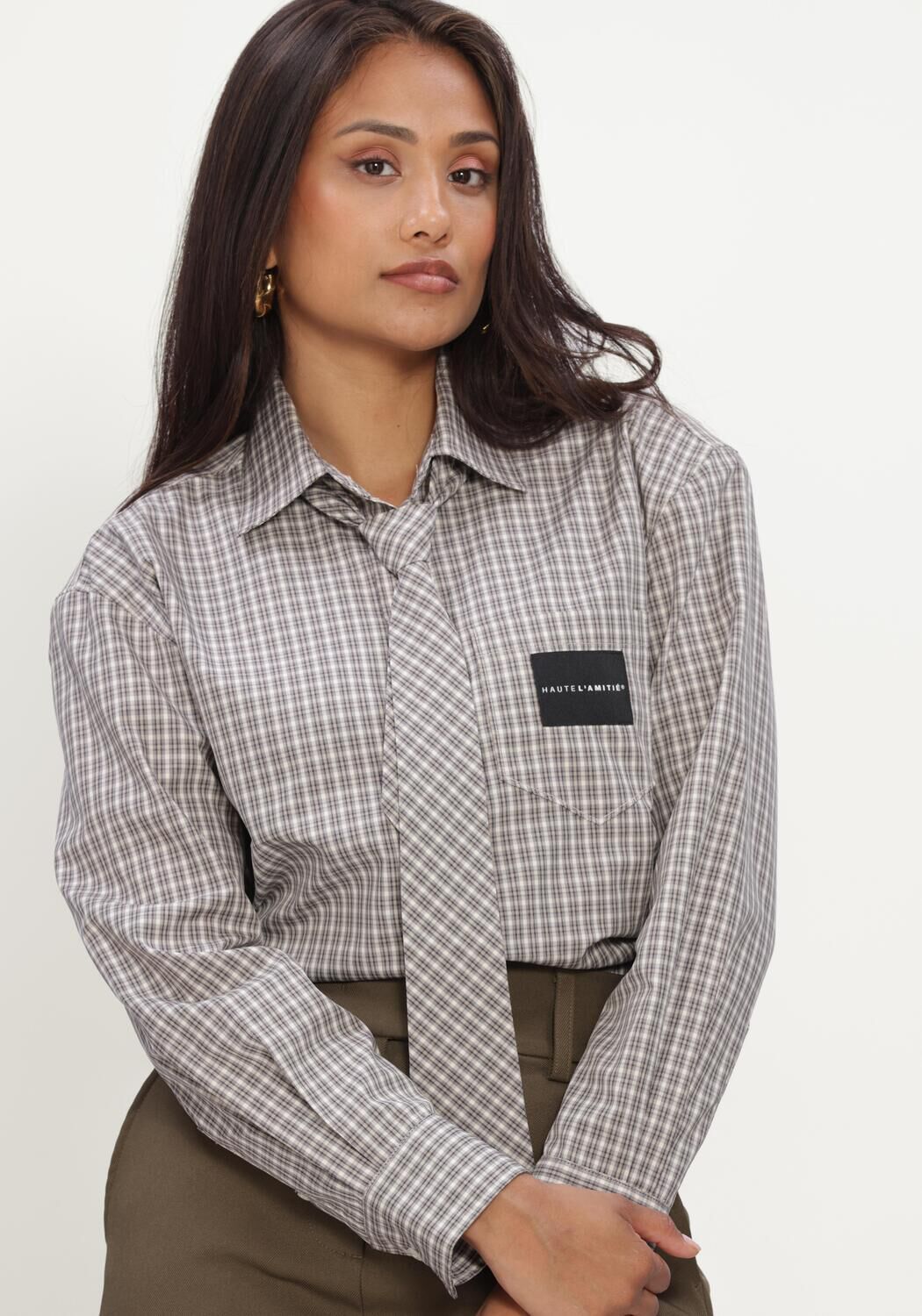 Beige HAUTE L'AMITI&Eacute; Tops & T-shirts CHESS TIE SHIRT - large