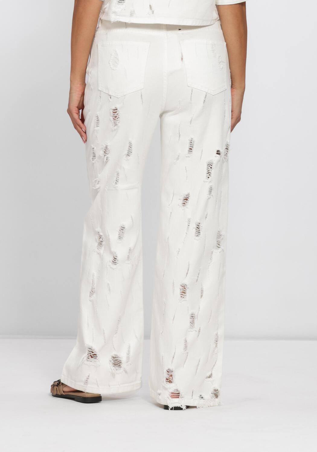 Witte ALIX THE LABEL Wijde broek LADIES WOVEN DAMAGED DENIM PANTS - large