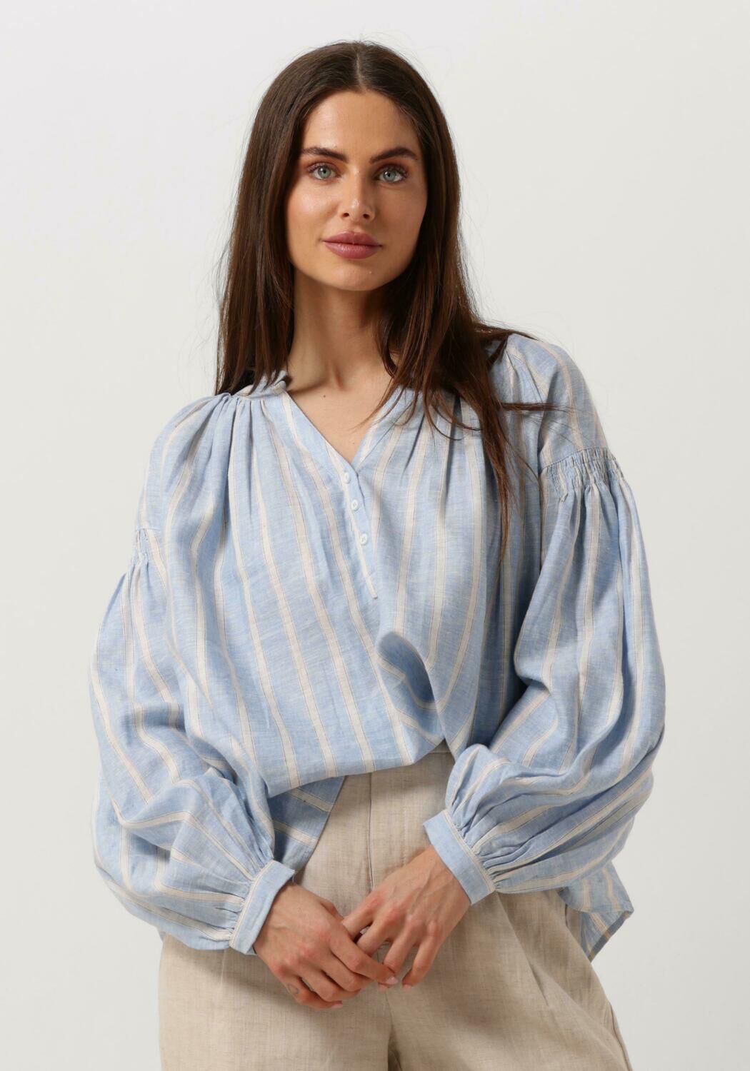 MOS MOSH Dames Blouses Safi Striped Linen Shirt Lichtblauw