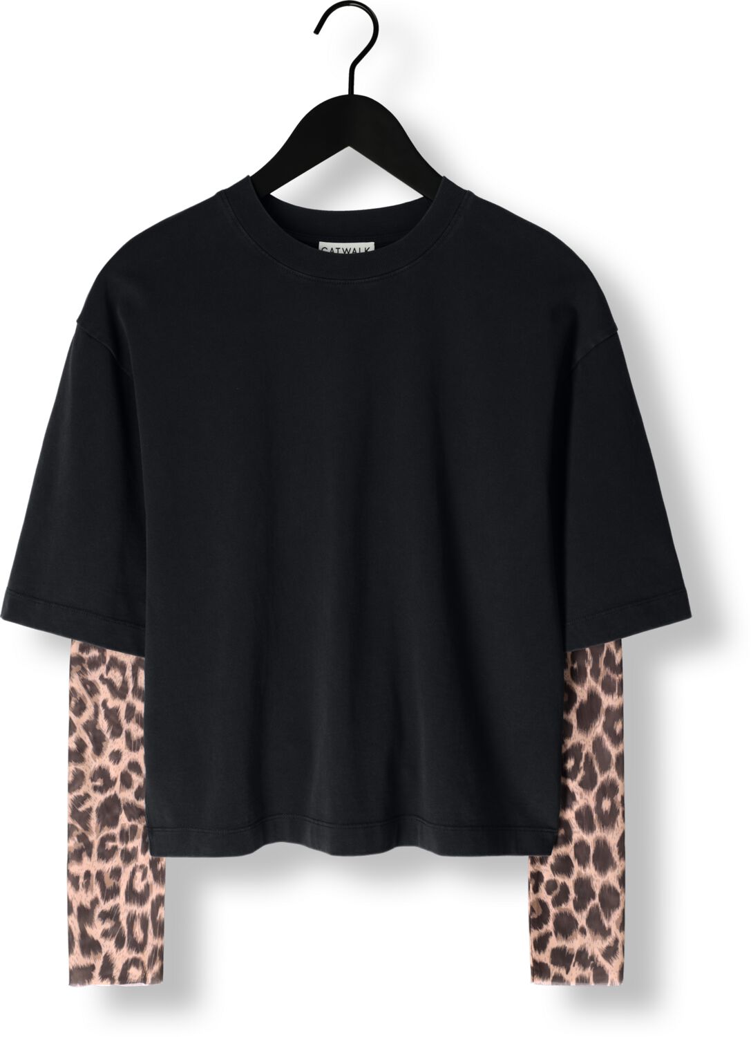 CATWALK JUNKIE Dames Tops & T-shirts Loose Fit Tshirt With Leopard Mesh Sleeves Zwart