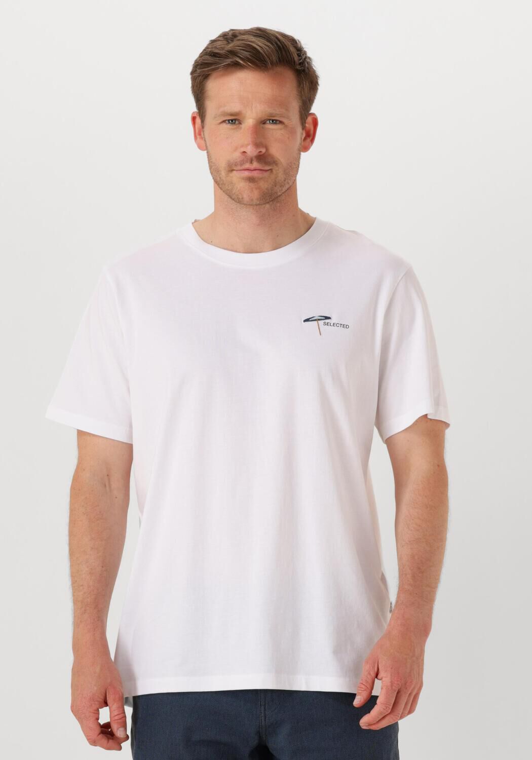 SELECTED HOMME Heren Polo's & T-shirts Slhaspen Emb Ss O-neck Tee Wit