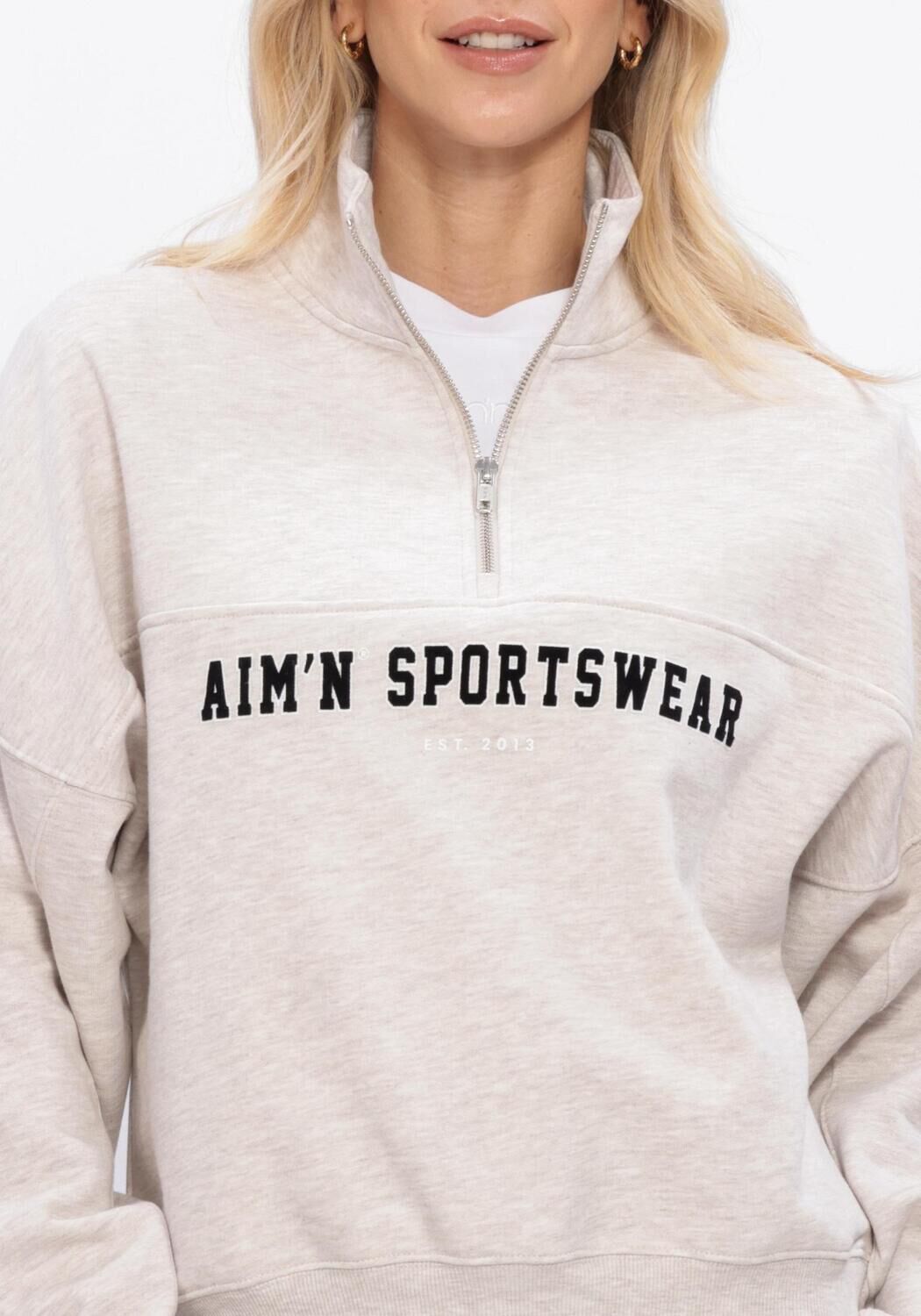 Beige AIM'N Trui VARSITY SWEAT HALF ZIP - large