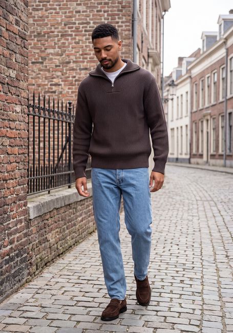 Bruine SELECTED MEN Trui SLMDRY LS KNIT HALF ZIP - large