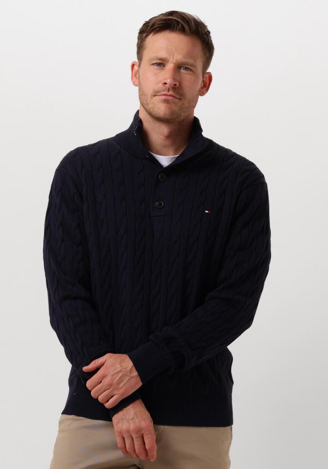 TOMMY HILFIGER Heren Truien & Vesten Classic Cotton Cable Bttn Mock Donkerblauw