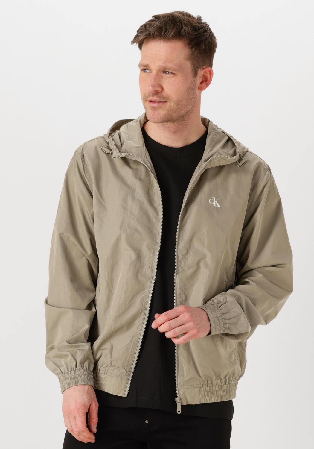 Calvin Klein Khaki Nylon Hooded Windbreaker Jas Beige Heren