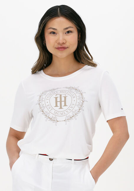 Witte TOMMY HILFIGER T-shirt REG SUEDED TH CREST OPEN-NK TEE - large