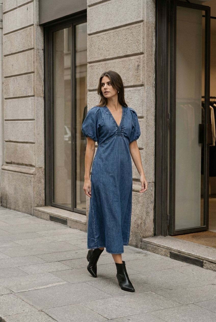 Blauwe NEO NOIR Midi jurk ILLANA DENIM DRESS | Omoda