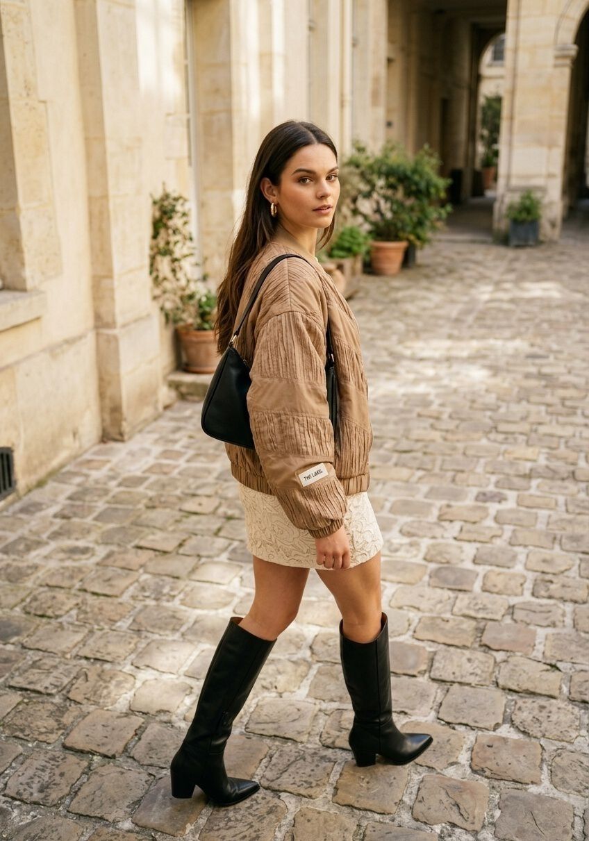 Camel ALIX THE LABEL Jack LADIES WOVEN PLISSE BOMBER | Omoda