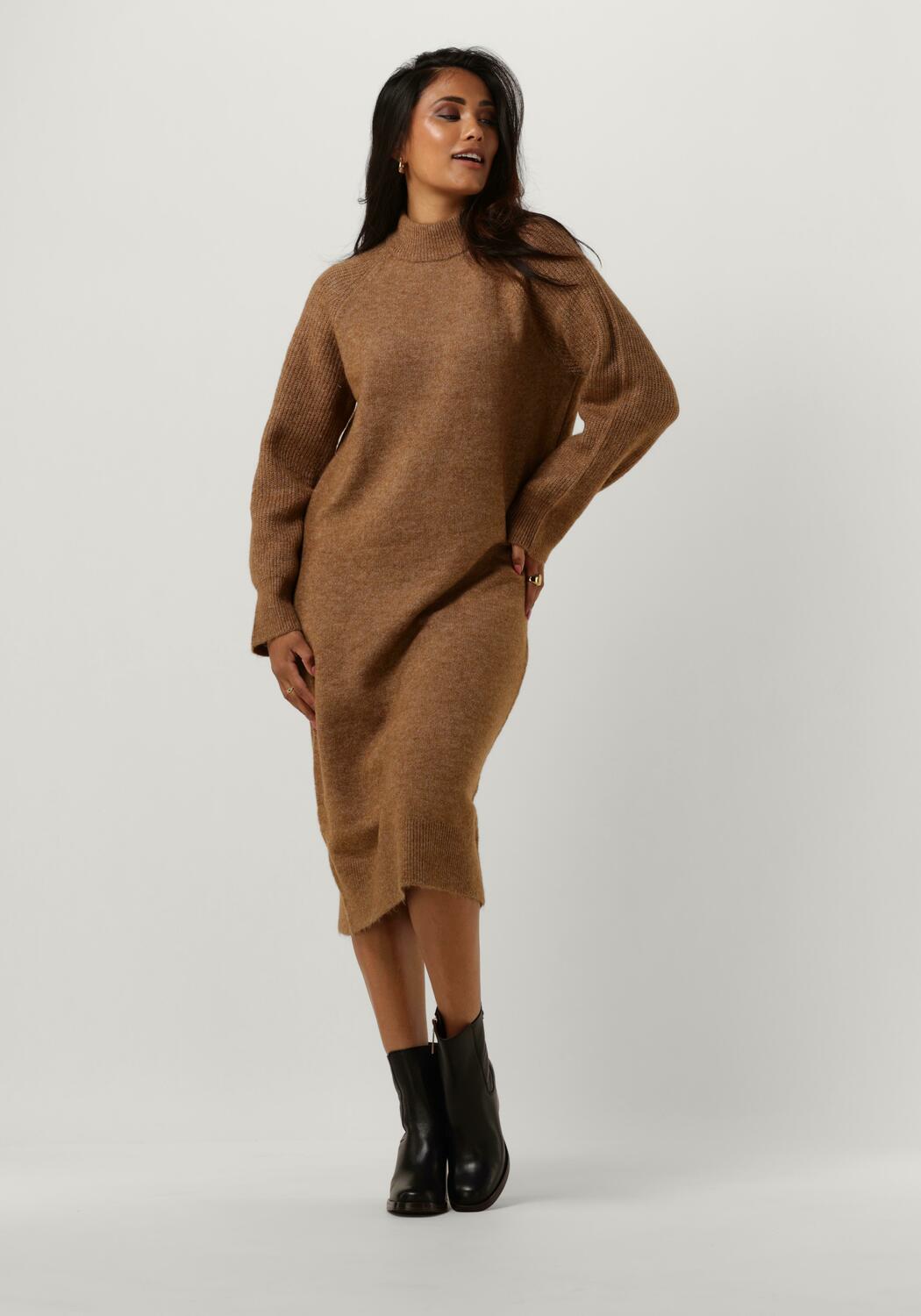 Bruine SELECTED WOMEN Midi Jurk SLFRENA LS HIGH NECK KNIT DRESS Omoda