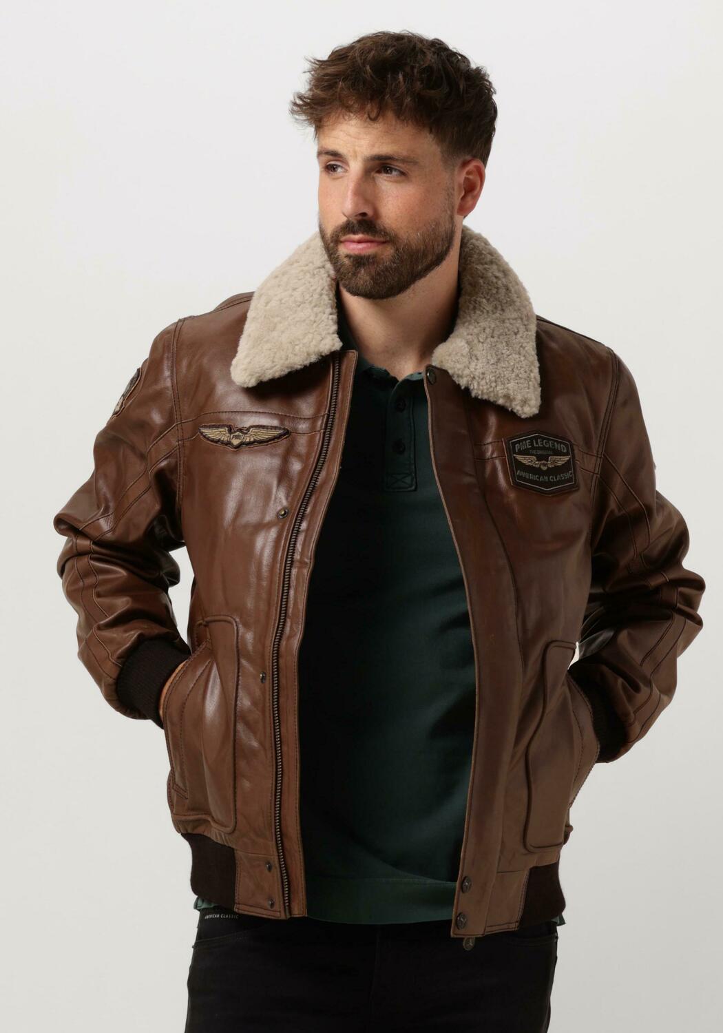 Bruine PME LEGEND Leren jas BOMBER JACKET HUDSON BUFF LEATHER Omoda