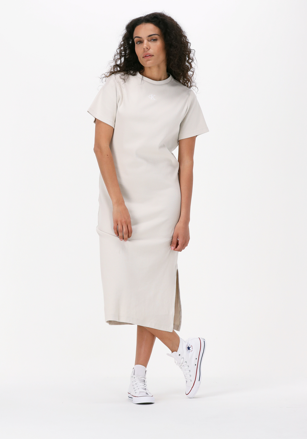 Gebroken wit CALVIN KLEIN Midi jurk CK RIB LONG T SHIRT DRESS Omoda